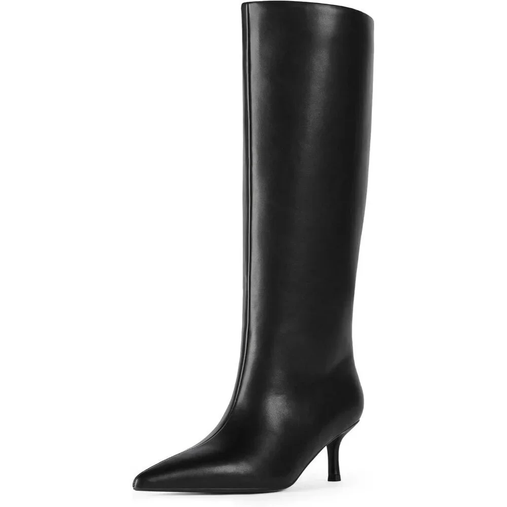 Women Black Knee High Boots Kitten Heels Tall Pointed Toe Long Boots